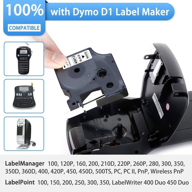 [AUSTRALIA] - 6-Pack Dymo D1 Label Tape 45013 Black on White 1/2 Inch x 23 Feet Compatible for DYMO LabelManager 160 280 210D 360D 420P Wireless PnP 220P 260P 500TS 450DUO 