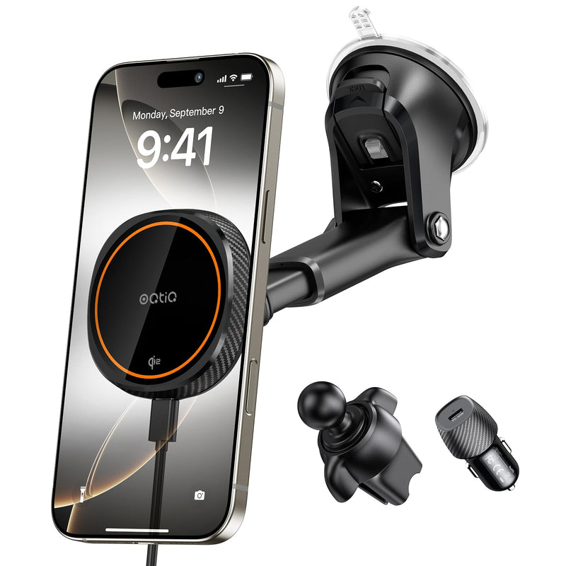 OQTIQ for Magnetic Car Mount Charger- QI2 15W Fast Wireless Charging | Strong Magnetic Grip, Built-in Cooling Fan, Suction Cup & Vent Mount [PD 30W Adaptor Included] Orange - QI2 15W Version