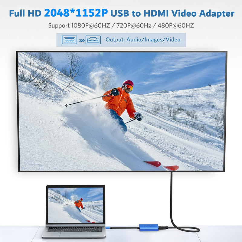 ABLEWE USB to HDMI Adapter, 2023 Upgraded Aluminum USB 3.0/2.0 to HDMI Audio Video Converter for PC Laptop Projector HDTV, Support Mac OS, Windows 10/8.1/8/7, Chrome OS, Blue. (Not Support Linux)