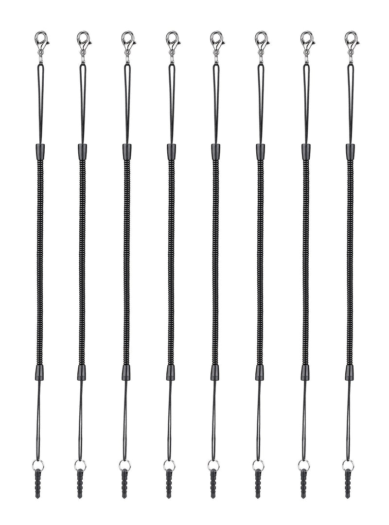 Elastic Tether Lanyards (Pack of 8) for Stylus Pens with Top Port, Retractable Coiled Spring Lobster Clasp Hook Earphone Jack (Black)