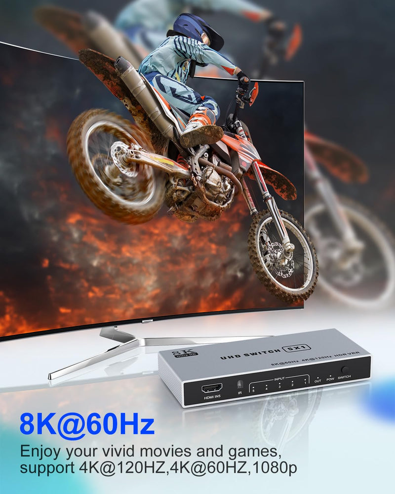[AUSTRALIA] - 8K HDMI Splitter 5 in 1 Out HDMI Switch - 4k 120Hz HDMI 2.1 Switch Box Port Expander Selector with Remote Support 3D/HDR/HDCP2.3 Vision, Compatible with PS 5/4/3 Xbox Switch DVD Player TV PC 