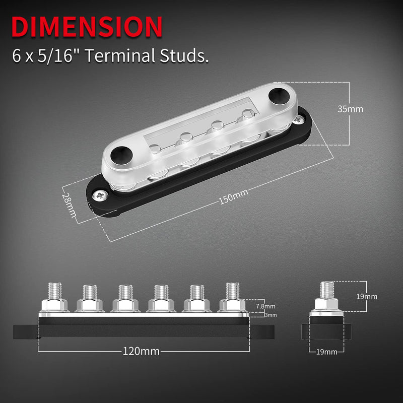 DAIERTEK 12V Bus Bar 6 x 5/16" (M8) Terminal Studs 12 Volt Power Distribution Block with Cover Battery Bus Bar 12V - 48V Positive & Negative for Automotive Car Boat Solar System