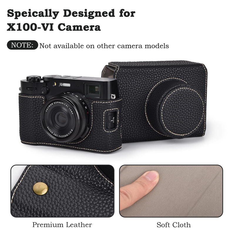 X100VI Case,Camera Half Case for X100VI,PU Leather Camera Case Compatible with X100VI Digital Camera with camera strap - Black