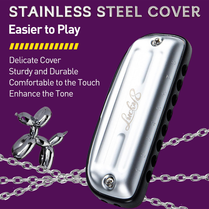 [AUSTRALIA] - East top 8 Hole Blues Harmonica, G Key Diatonic Mouth Organ Harmonica For Adults, Beginners, Professionals and Students, as a Gift,silver 