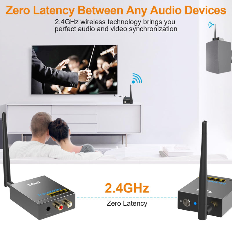 1Mii 2.4Ghz Wireless Audio Transmitter Receiver for TV, 320ft Long Range 20ms Low Delay 192kHz/24bit HiFi Audio, Wireless Adapter Kit for Subwoofer/Powered Speaker/Stereo/Soundbar, RCA(3.5mm)Out/input 2 in 1