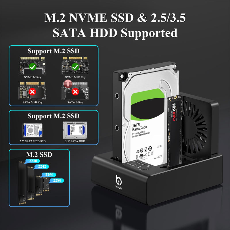 M.2 NVMe & SATA HDD Docking Station, Offline Cloning, Cooling Fan | 10Gbps USB3.2 Gen2 SSD Cloner for M.2 NVMe SSD + SATA 2.5”/3.5” HDD Converter, Tool-Free Black 2 Bay