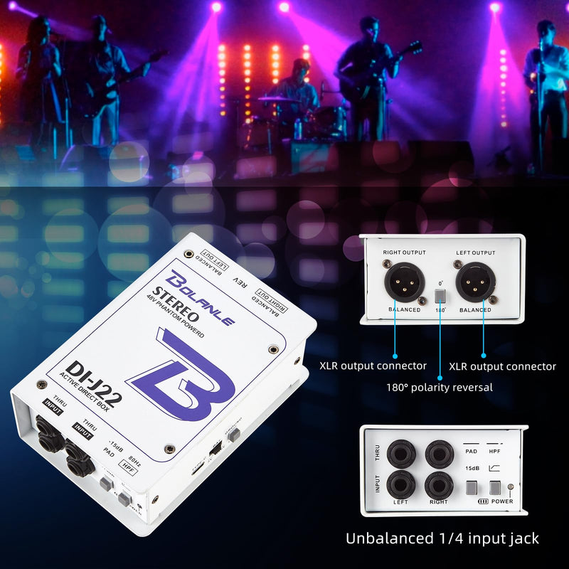 Bolanle J22 Professional Stereo DI Box/Splitter XLR 1/4 inch, Dual Channel Direct Box for Sound System, Subwoofer, Karaoke Speaker, Guitar, Keyboard, Bass