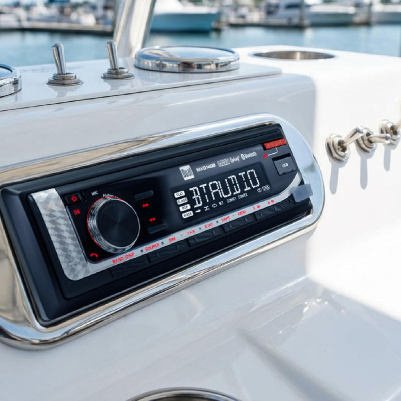 Dual Electronics MXD140B Marine Stereo Bluetooth Single DIN Weatherproof AM/FM | Weatherproof receiver for boats, sunlight-readable LCD, USB port with 2.1A charging, AM/FM tuner, black single-DIN design Marine Radio