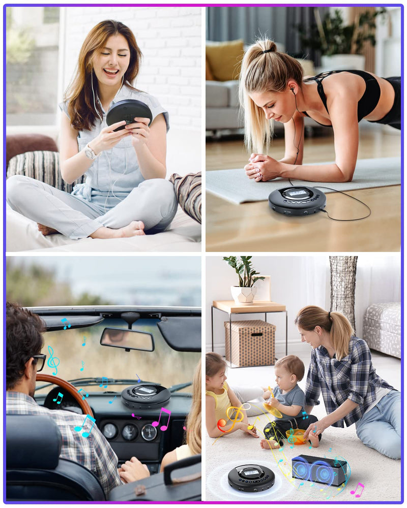 CD Player Portable ARAFUNA, Portable CD Player Bluetooth with FM Radio, 2000mAh Rechargeable CD Player for Car with LCD Screen, Anti Shock Protection Walkman CD Player with Headphone, AUX Cable Black