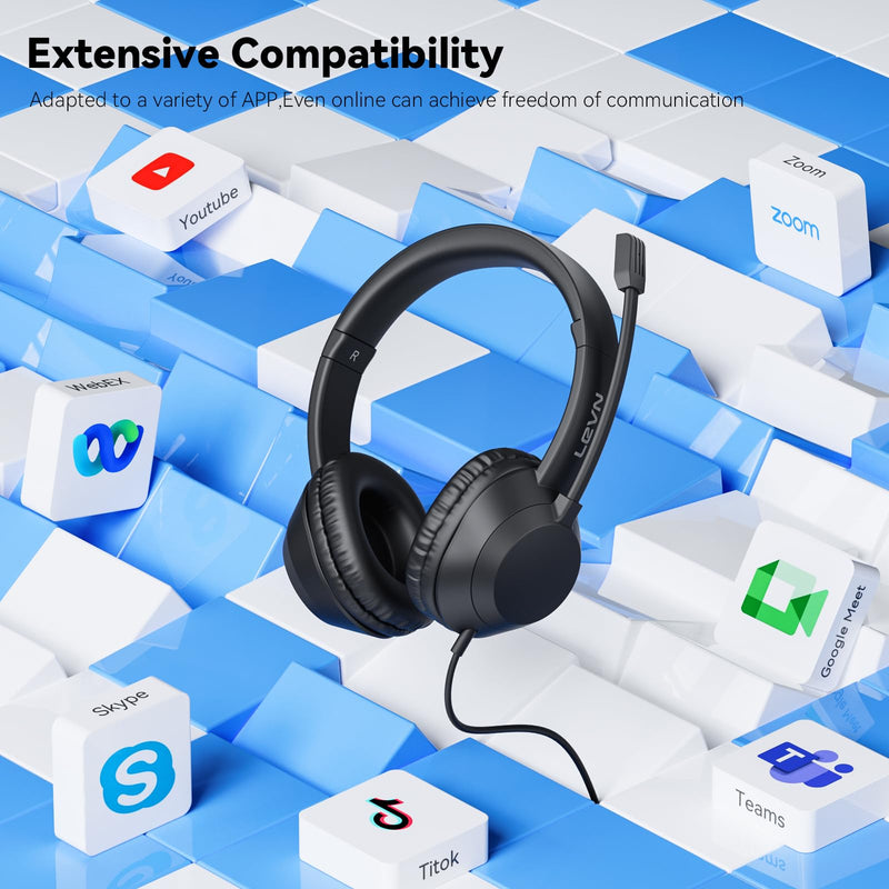 LEVN Headset with Mic, USB Headset with Microphone, Computer Headset with Noise Cancelling Microphone for Laptop PC, Mute in-line Controls, Wired Headset for Work from Home/Open Office/Call Cente Black
