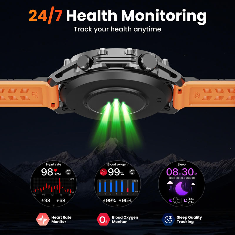 Hwagol Smart Watches for Men (Call/Notification),1.52''HD Military Smart Watch with Heart Rate/Sleep Monitor/Pedometer for Android and iOS,DIY Design Fitness Tracker,1 Pack with 2-Piece Look Set orange-blue