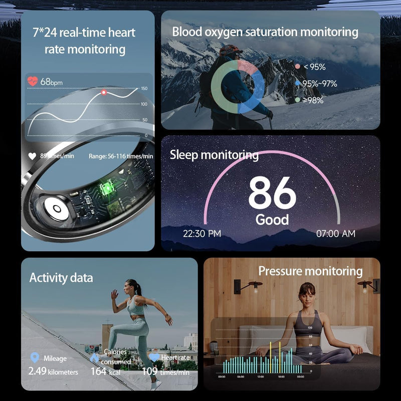 Smart Ring Fitness Tracker Heart Rate Monitor Sleep Tracker Gesture Control Fitness Rings Blood Pressure Pedometer Calories Step Counter Waterproof Health Smart Rings for Women Men with Charging Case #10 Gold