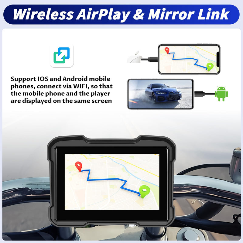 5 Inch IPS Waterproof Portable Motorcycle CarPlay Screen with Wireless CarPlay&Android Auto,GPS Navigation,Bluetooth,EQ,TF Port,Voice Control,IP67 Waterproof 5 inch with Carplay