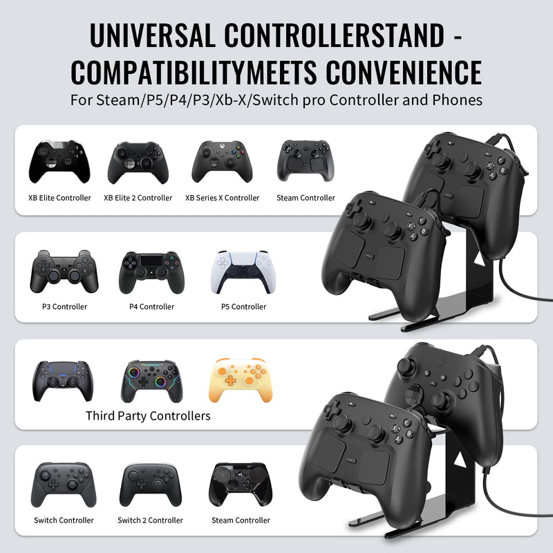 Universal Metal Desktop Stand for Steam Controller 2 with Charging Cable, Two Gamepads Holder for PS5, Xbox Series X, Xbox, 360, Ps5, Ps4, Switch with Non Slip Pads