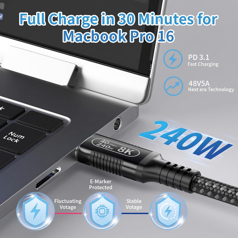 USB C Extension Cable 10FT (3m), 40Gbps Coaxial Extender for Thunderbolt 4/3 & USB4, 8K@120Hz & 240W PD3.1 Charging, Ultra Flexible USB C Male to Female Cord for Laptop, Hub, eGPU, VR 10ft/3m