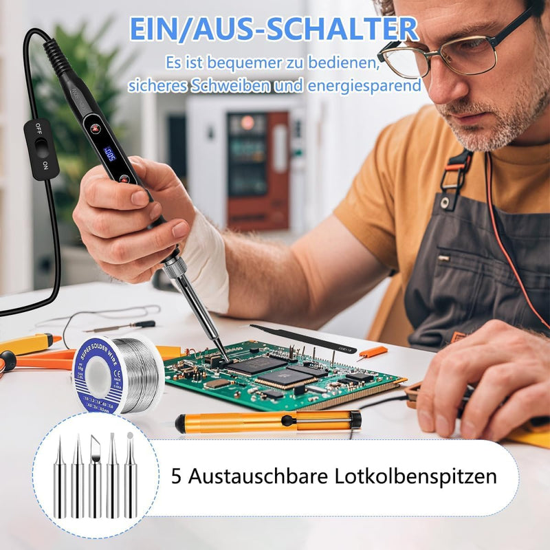 Lunriwis Soldering Iron Set, 80 W LCD, with Temperature Adjustable 180-500 °C Soldering Iron with On/Off, Soldering Tool with 5 Soldering Tips, 50 g Soldering Wires, Desoldering Pump, Soldering Iron