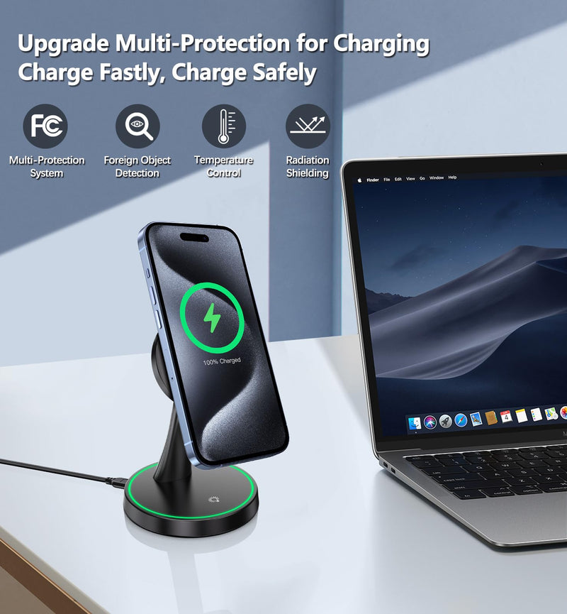 Magnetic Wireless Charger Stand 15W Fast Mag-Safe Charger for iPhone 15/15 Pro/15 Plus/15 Pro Max/14/13/12 Series Magnet Wireless Charging Station/Pad with Sleep-Friendly Light for AirPods 3/Pro/Pro 2 Black