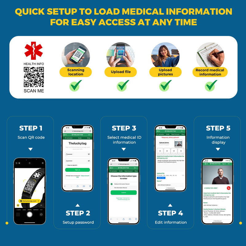 Medical Bracelets for Men Women with QR Code Medical Alert ID Bracelets for Sport Travel - Silicone Waterproof Wristband Fits Wrists Up to 8 inches - More Space Custom Emergency Medic ID Alert Information 9.45'' Folding Buckle - Black+Black