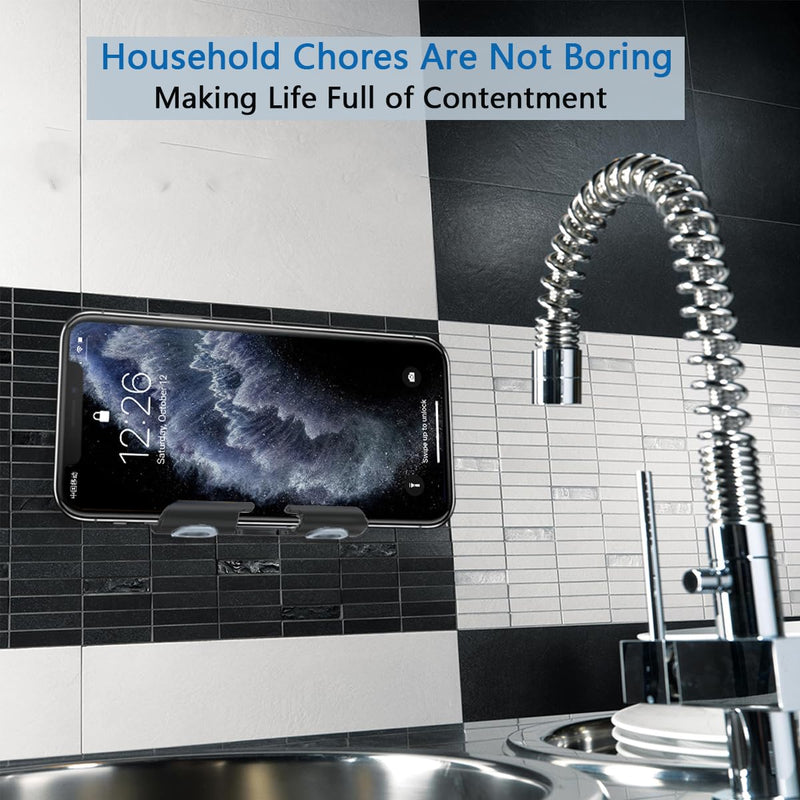 Shower Phone Holder with 2PCS Adhesive Stickers,Wall Mount Phone Stand for Bathroom,Kitchen,Office and More,Compatible with Smartphone(Black-Gray) Black-Gray