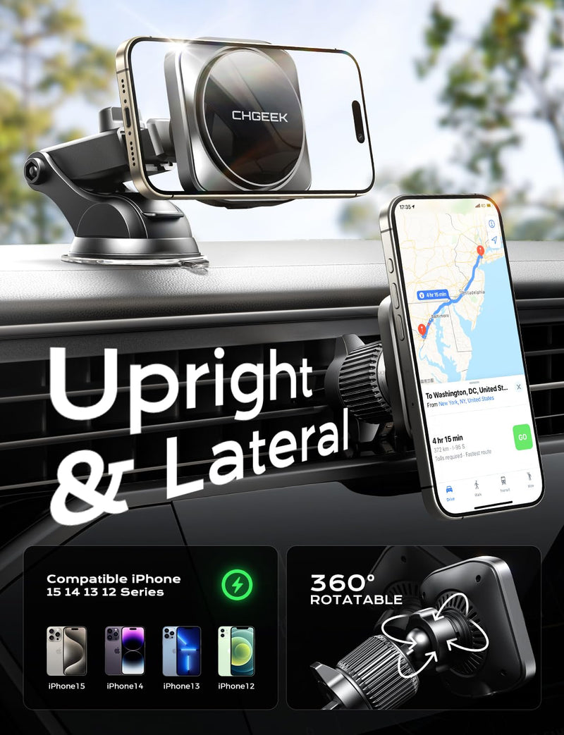 CHGeek for 15W Magsafe Car Mount Charger, Wireless Car Charger Magnetic Car Phone Holder Mount Fit iPhone 16 15 14 13 12 Magsafe Case, Vent/Windshield/Dash Phone Mount Holder Fast Cooling Charger Upgraded Car Mount Charger-Black