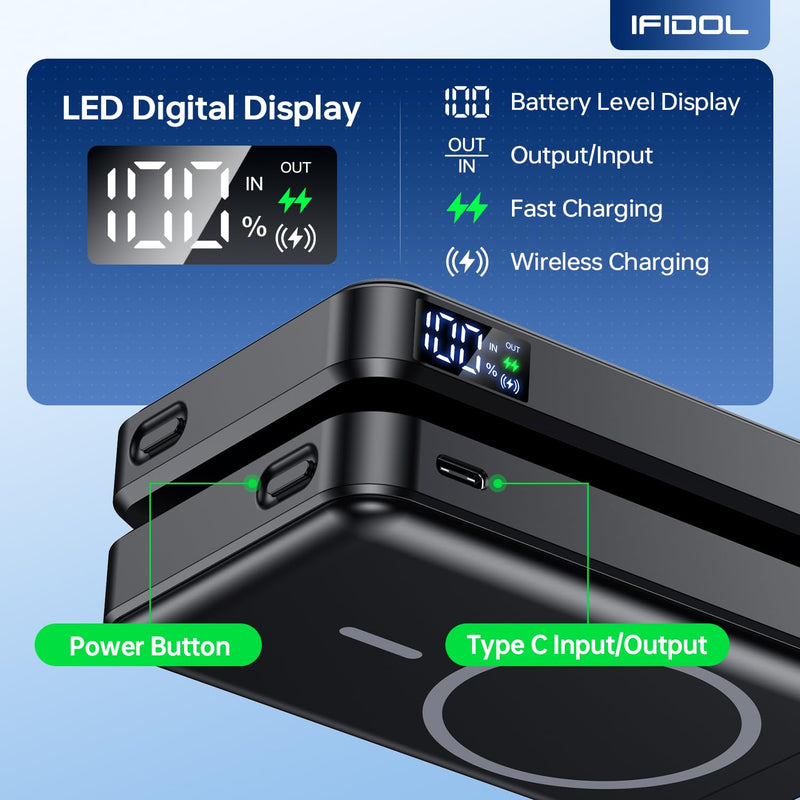 for Magsafe Battery Pack, Wireless Portable Charger for iPhone, (16000mAh) Magnetic Power Bank with (22W) USB-C Fast Charging for iPhone 16/16 Pro/ProMax, iPhone 15 14/13/12 Series - Black
