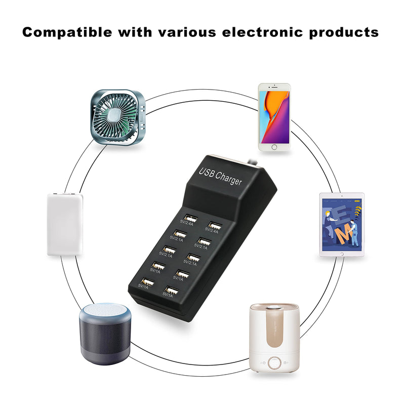USB Charger,5V 10A(50W) USB Charging Station with 10-Port Family-Sized Smart USB Ports for Multiple Devices Smart Phone Tablet Laptop Computer, for iPhone 15/14/13 Black A-Black