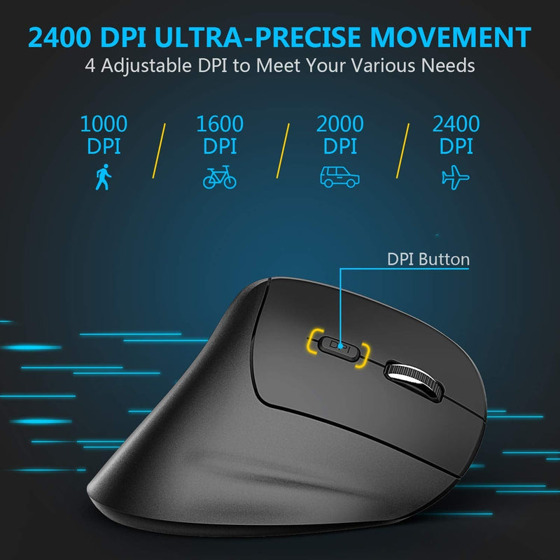 Ergonomic Mouse, iClever WM101 Wireless Vertical Mouse 6 Buttons with Adjustable DPI 1000/1600/2000/2400 Comfortable 2.4G Optical Ergo Mouse for Laptop, Computer, Desktop, Windows, Mac OS, Gray Black