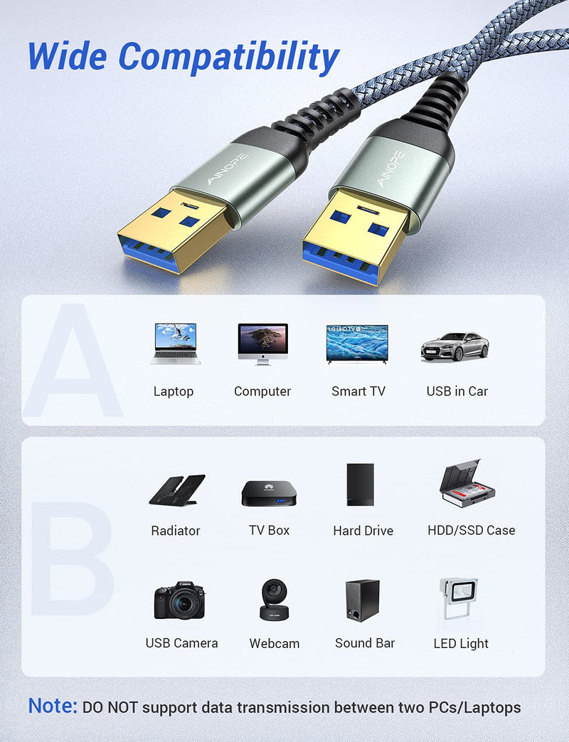 AINOPE USB 3.0 A to A Male Cable, [6.6FT] [Never Rupture] USB Male to Male Cable Double End USB Cord Compatible with Hard Drive Enclosures, DVD Player, Laptop Cool-Grey 6.6FT Grey 1