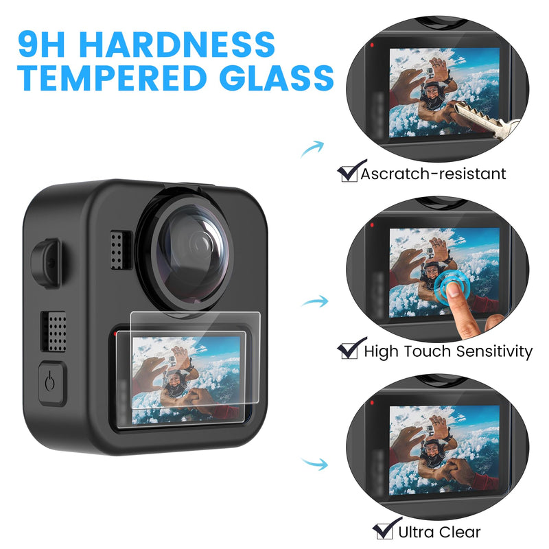 [AUSTRALIA] - Silicone Protective Case for GoPro Max 2 with Open-Vent Design & Protective Accessories Kit - Includes 9H Tempered Glass Screen Protector, Lens Cap, Battery Cover & Adjustable Lanyard (Black) 