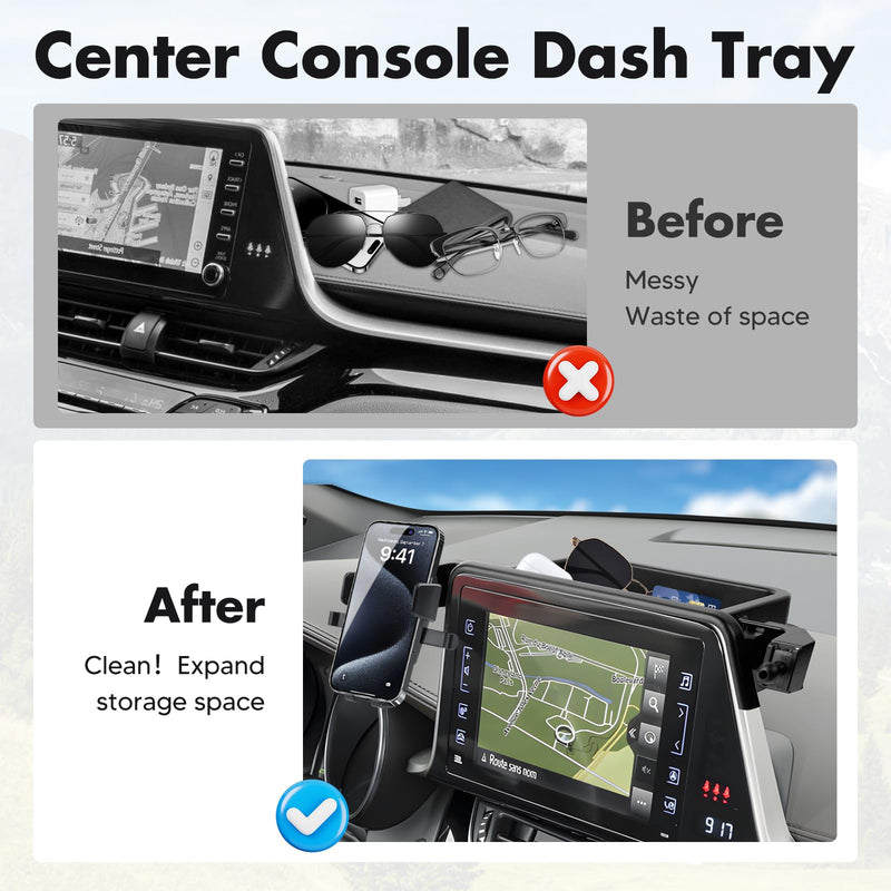 FIILINES Dashboard Center Console Organizer & Phone Holder for Toyota CHR 2019-2022, Dash Organizer with 360 Degree Rotation Phone Mount CHR Accessories (Only Fit 8-inch)