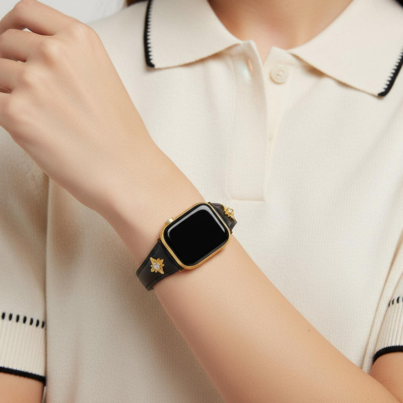 Flower Genuine Leather Watch Band for Women Compatible with Apple Watch 38/40/41/42/44/45/46/49mm, for iWatch 11/10/9/8/7/6/5/4/3/2/1 Ultra SE, Platinum/14ct Gold Plated Black & Gold 42(Series 3 2 1)/44/45/46/49mm