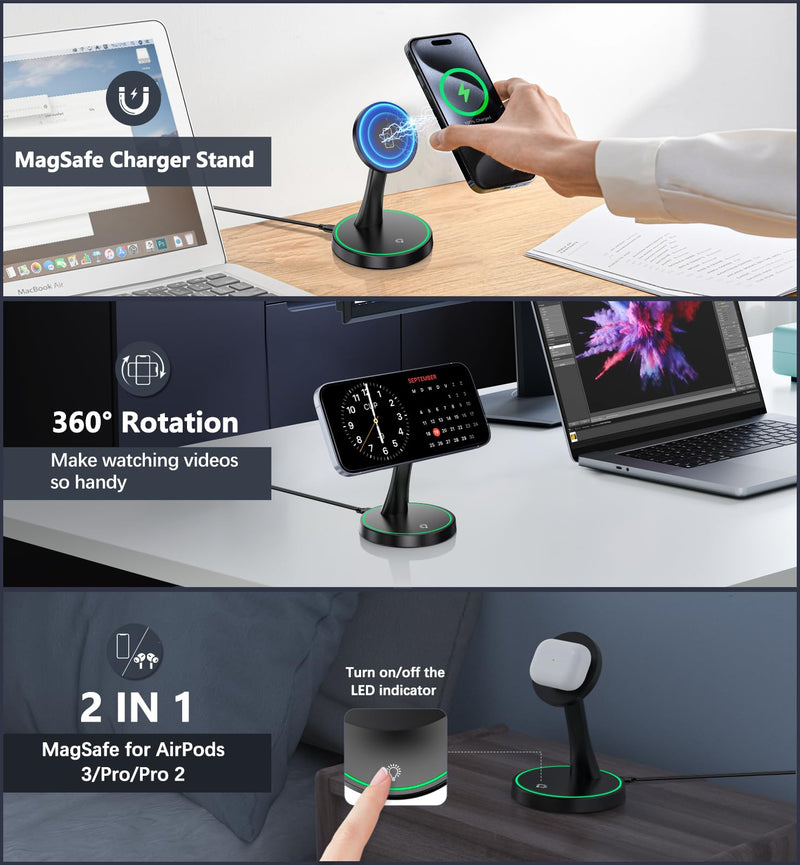 Magnetic Wireless Charger Stand 15W Fast Mag-Safe Charger for iPhone 15/15 Pro/15 Plus/15 Pro Max/14/13/12 Series Magnet Wireless Charging Station/Pad with Sleep-Friendly Light for AirPods 3/Pro/Pro 2 Black