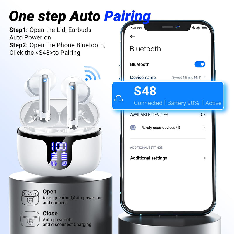 Wireless Earbuds, Bluetooth 5.4 ear buds with 4 ENC Noise Cancelling Mics, Bluetooth Earbuds with 48H Playtime, IPX7 Waterproof Workout earbuds, White headphones HiFi Sound LED Display for iOS Android