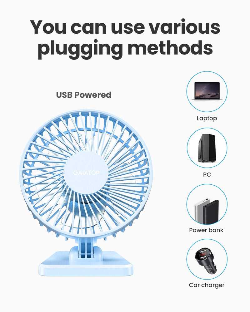 Gaiatop USB Desk Fan, Small But Powerful, Personal Portable Quiet 3 Speeds, Adjustment Mini Table Desktop for Better Cooling Home Office Car Indoor Outdoor Light blue