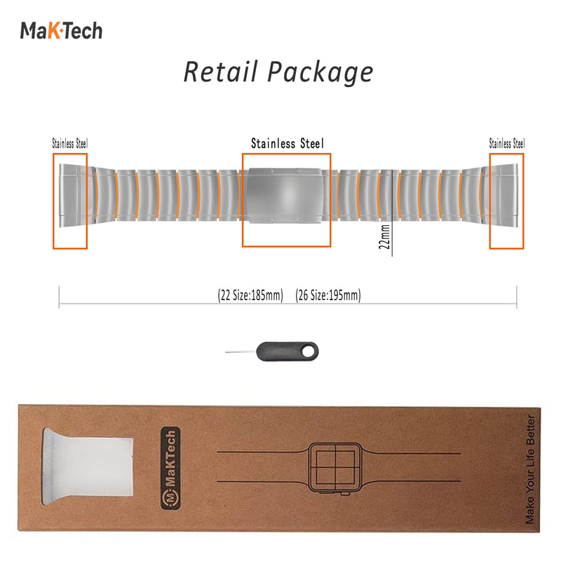 Titanium Garmin QuickFit Watch Band, Silicone Lined, Deployment Clasp | MaKTech Lightweight Bracelet, DLC Scratch-Resistant, Deployment Clasp, for Garmin Watch Silver/Orange 22mm
