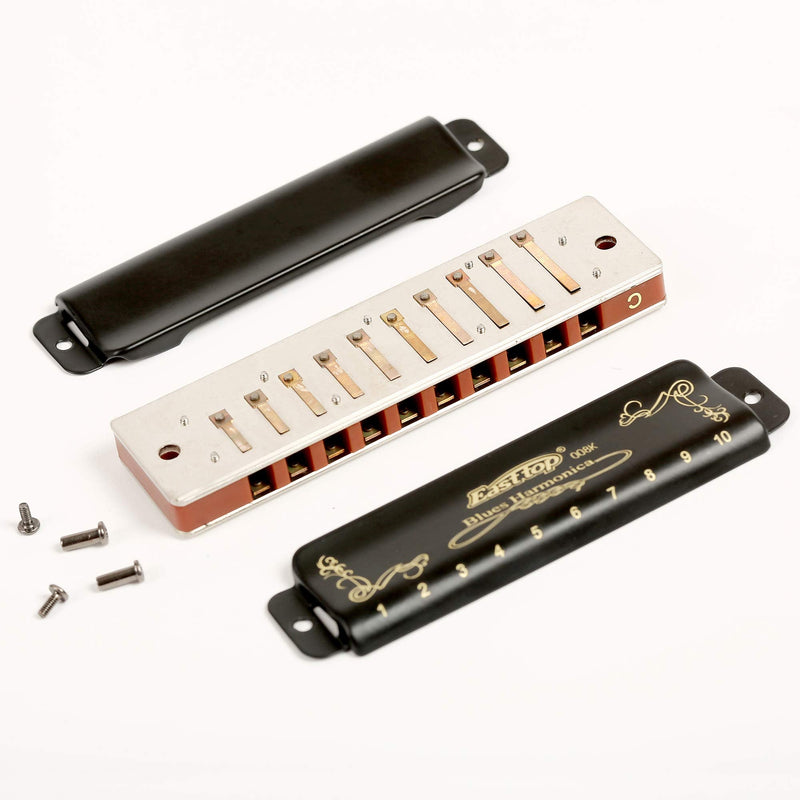 Diatonic Blues Harmonica 10 Holes Blues Harmonica 20 tones black T008K with Case，More Professional Harmonica for Beginner ，Students，Adults and Professional Player (Key of F) Key of F