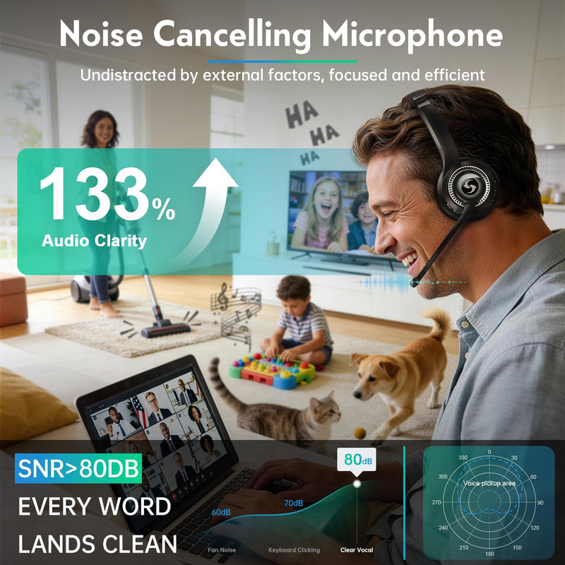 [AUSTRALIA] - Wireless Headset with Mic for Work, Dual-Mode Connectivity, Stable 50+ Playtime& 2.4GHz Dongle Fit for PC/ PS4/ PS5/ Cell Phones, Bluetooth Headset for Work- Call Center/Teams- Black 