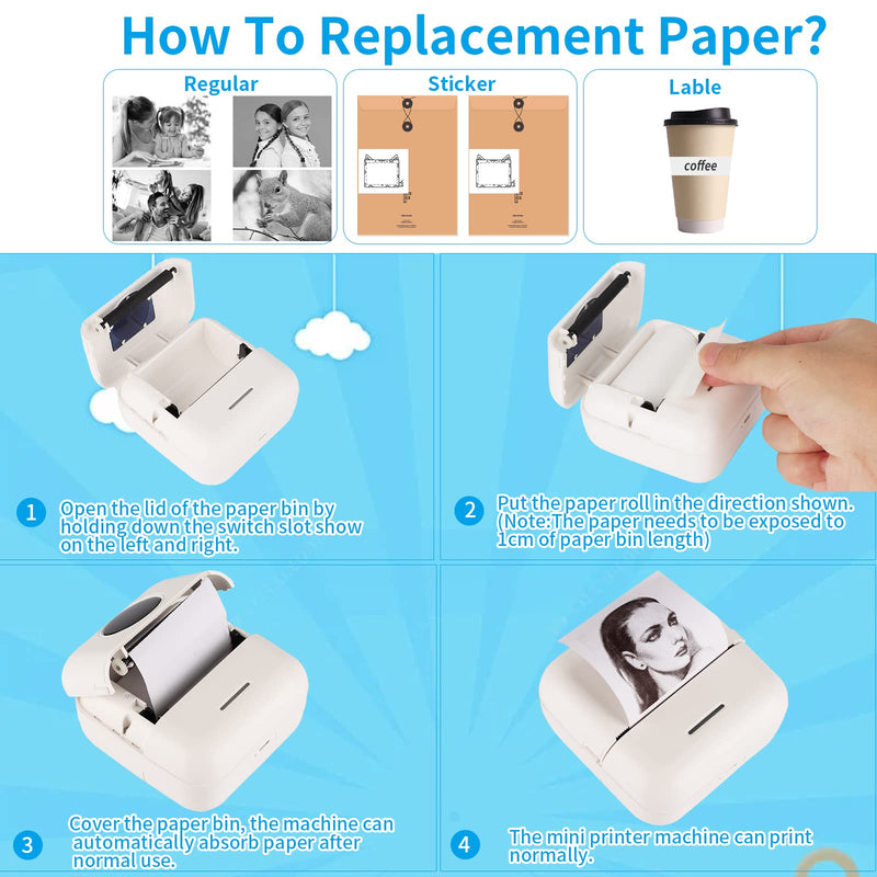 HuiJuKeJi Mini Sticker Printer Bluetooth Smart Pocket Inkless Thermal Printer with 11 Rolls Thermal Paper and Sticker for iOS&Android, Portable Receipt Printer for Photo Journal Notes Memo White