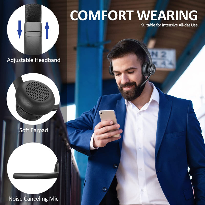 [AUSTRALIA] - EKVANBEL Bluetooth Headset V5.2, Wireless Headphones with Noise Cancelling Microphone, On Ear Wireless Headset for Cell Phones Laptop Computer Black 