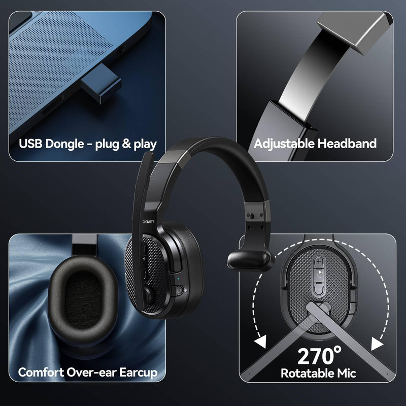 TECKNET Trucker Bluetooth Headset, Stable V5.2 & USB Dongle Connection, 70h Wireless Bluetooth Headsets with Mic and Mute, ENC Noise Canceling, Headset for Truck Drivers, Cell Phone, PC Comfort Office Black - Non removable