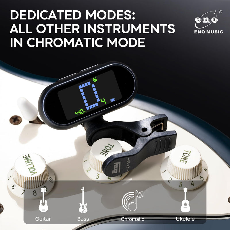 ENO MUSIC Rechargeable Clip-on Tuner for Guitar Bass Ukulele with Chromatic Mode
