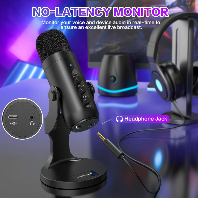 ZealSound USB Microphone,Condenser Computer PC Mic,Plug&Play Gaming Microphones for PS 4&5.Headphone Output&Volume Control,Mic Gain Control,Mute Button Vocal,YouTube Podcast on Mac&Windows(Black) Black