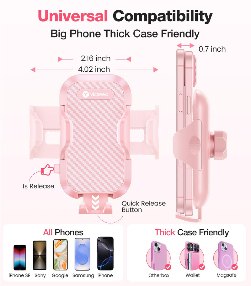VICSEED Pink Air Vent Phone Holder for Your Car [ Sturdy & Secure ] | Cell Phone Mount for Car Hands Free Easy Clamp Cradle in Vehicle for iPhone Samsung Android Smartphone, Pink Car Accessories