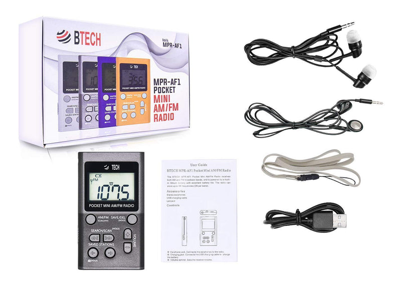 BTECH MPR-AF1 AM FM Personal Radio with Two Types of Stereo Headphones, Clock, Great Reception and Long Battery Life, Mini Pocket Walkman Radio with Headphones (Silver) MPR-AF1 Radio Silver