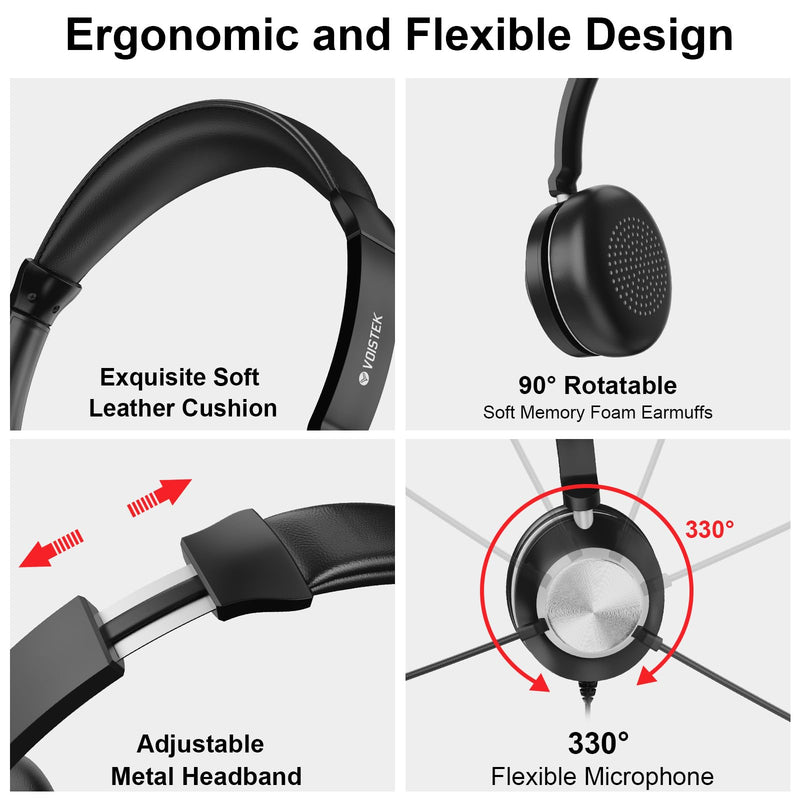 Voistek USB Headset with Microphone for Laptop/PC, On Ear Computer Headphones with Noise Cancelling Microphone in-line Control for Home Office Online Classes Zoom Skype