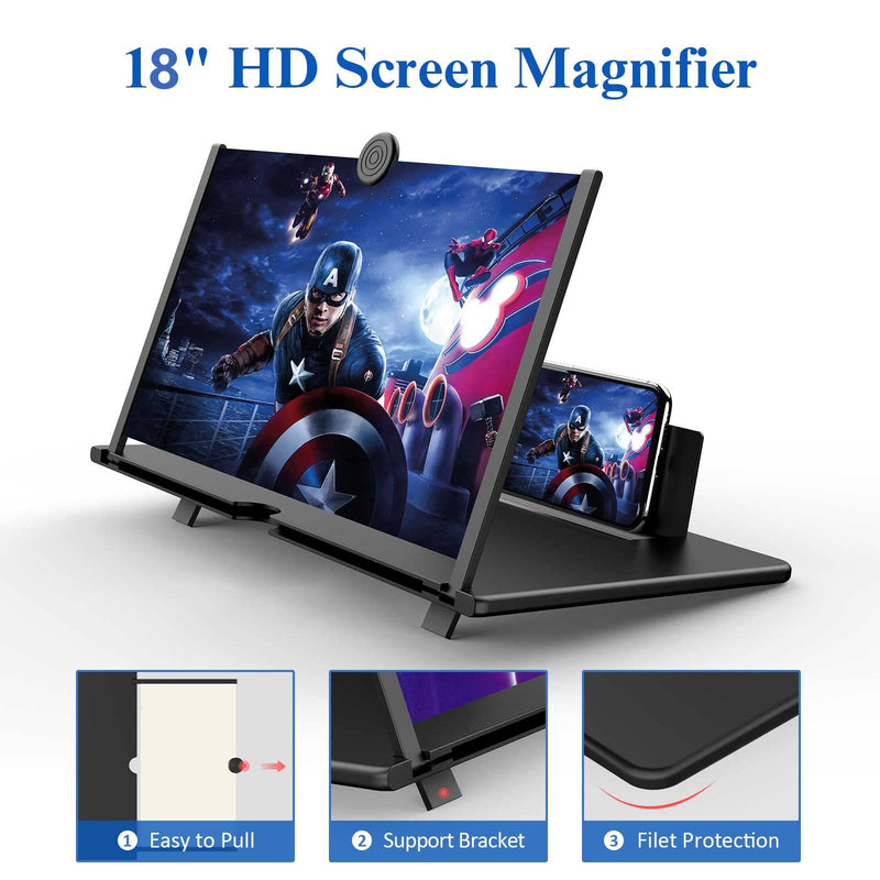18" Screen Magnifier for Cell Phone -3D HD Magnifying Projector Screen Enlarger for Movies, Videos and Gaming – Foldable Phone Stand Holder with Screen Amplifier–Compatible with All Phones (Black-18) Black-18"