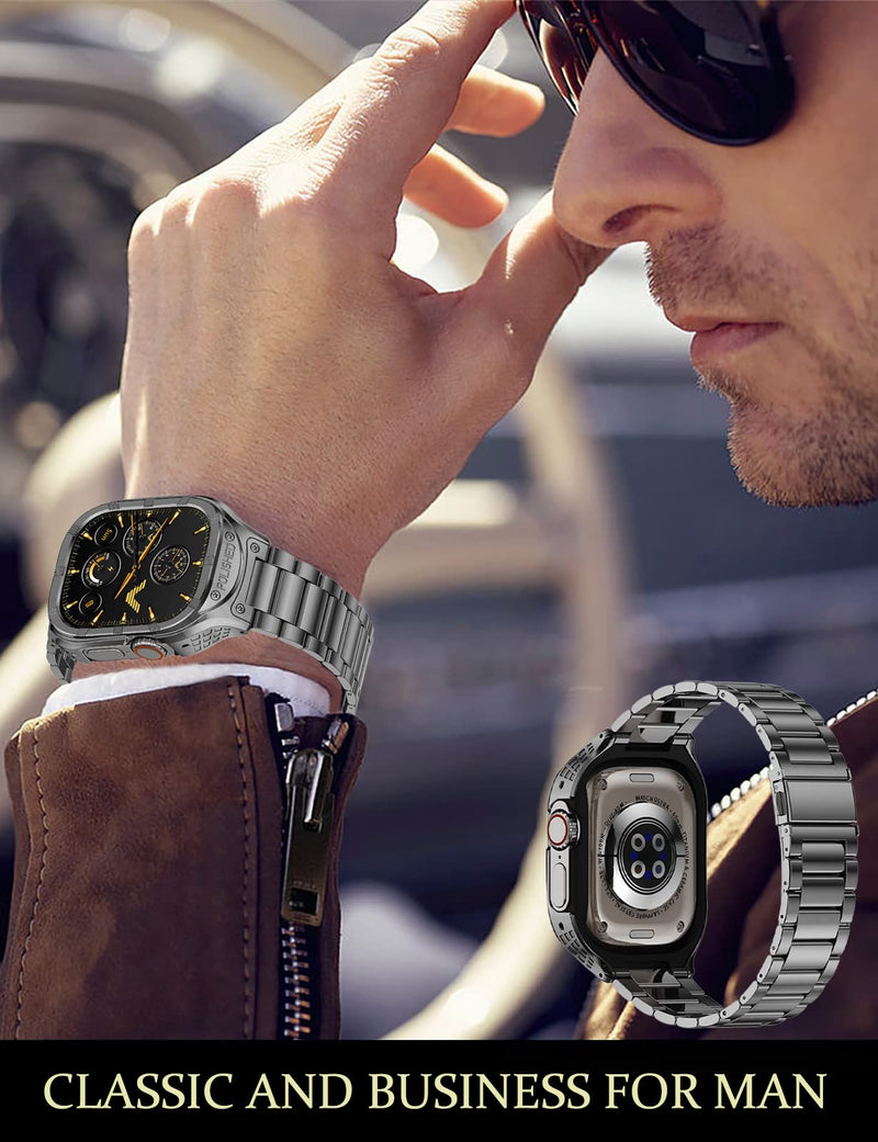 Stainless Steel Case and Band for Apple Watch Band 45mm,Rugged Apple Watch Case with Metal iWatch Band for Men Series9 8 7,Grey 3-Grey-44