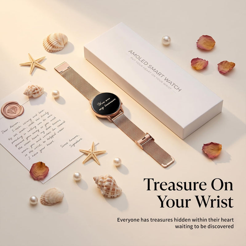 Smart Watch Lightweight for Women: 1.32” AMOLED Display Rose Gold with 2 Bands - IP68 Waterproof Fitness Tracker Smartwatch Compatible iPhone/Android - Gifts for Women 15–45
