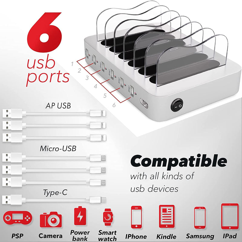 USB Charging Dock - 6-Port - Fast Charging Station for Multiple Devices Apple - Multi Phone Charger Station - Charging Station - for Apple iPad iPhone and Android Cell Phone and Tablet 6-Port Silver 1-pack