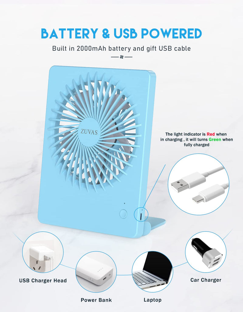 Zuvas Desk Fan Battery Operated Fan Rechargeable 180°Tilt Folding Personal Fan Ultra Quiet Small Portable Fan 3 Speed Adjustable Strong Wind USB Fan For Office Bedroom Home Desktop Camping (Blue) Blue
